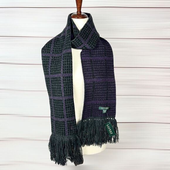 NWT Lauren Ralph Lauren Wool Houndstooth Purple Gray Long Scarf with Tassel - Picture 3 of 11